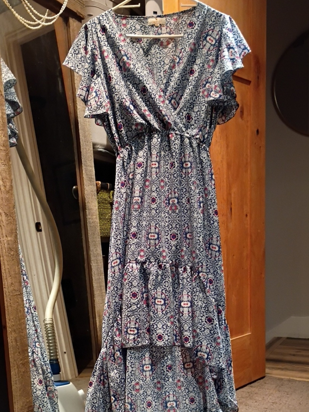 Blue Printed Flutter-Sleeve Maxi Dress